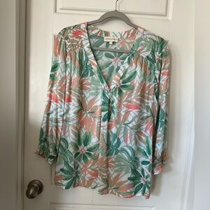 Cynthia Rowley Tropical Floral V-Neck Blouse - Green & Coral